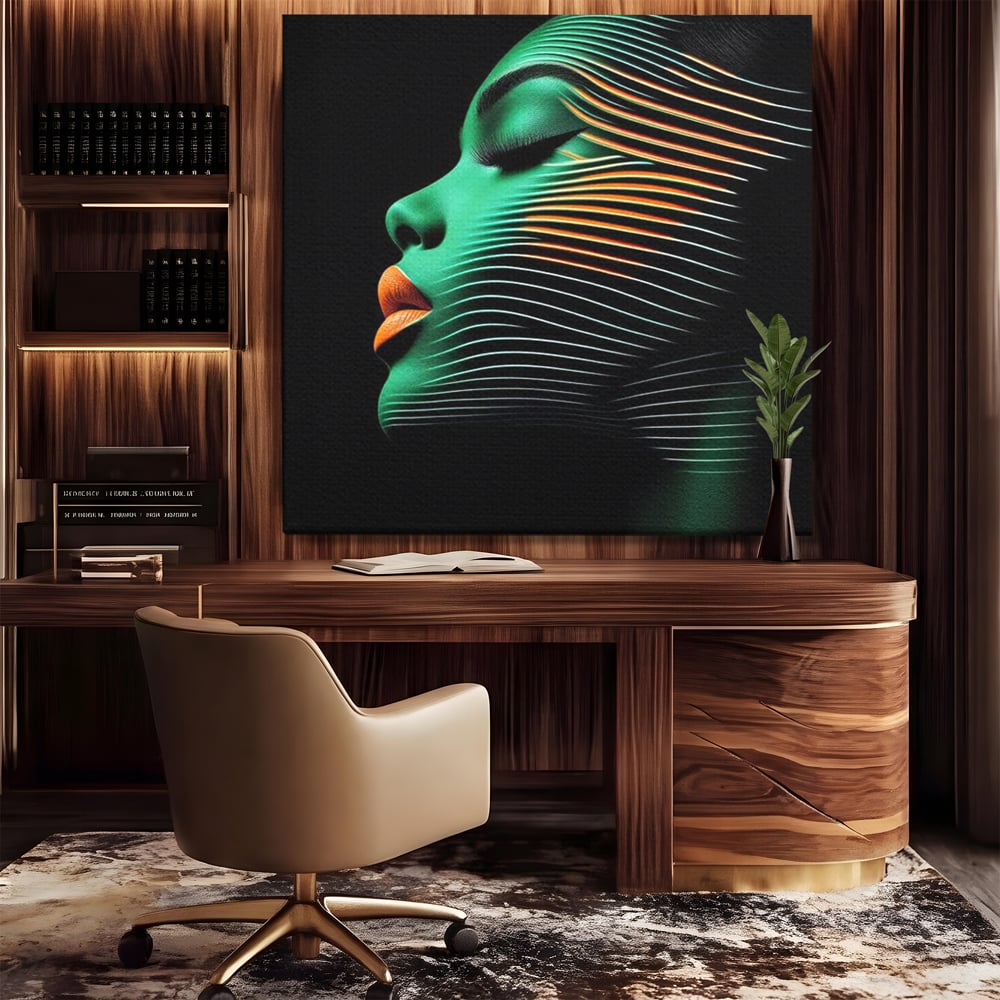 Tablou canvas cu tablou canvas portret de femeie in profil cu raze verzi, fara rama, pe sasiu de lemn, pe perete intr-un birou